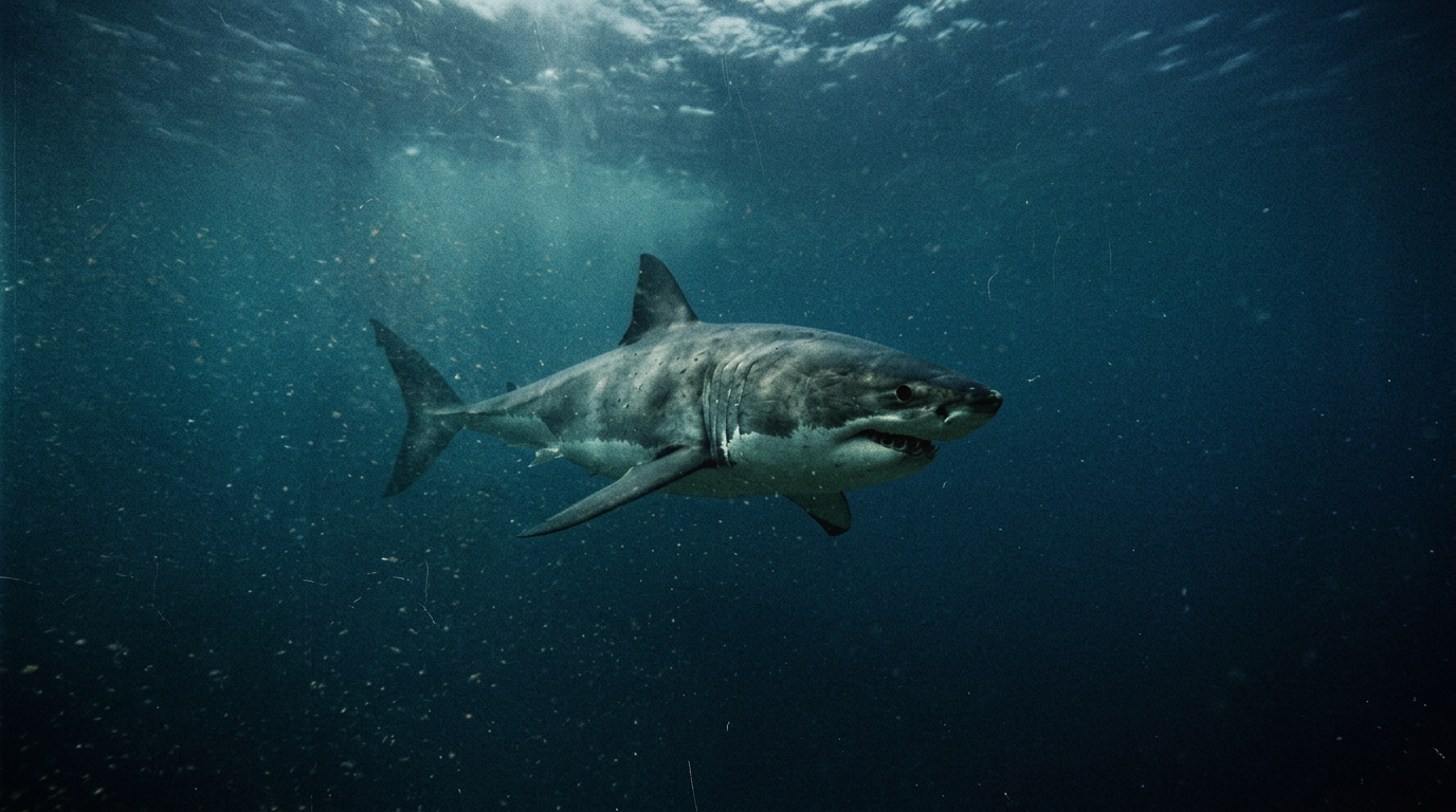 Great white shark swimming underwater near rocky seabed